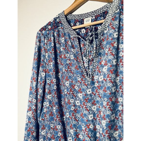 Gap Blue Floral Drop Waist Dress S Smock Tie Pleated Western Office Boho Chic - Picture 2 of 11